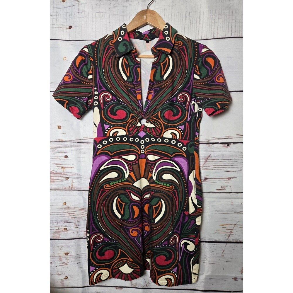 Desigual Womens Dress Size Large Psychedelic Twist Front Keyhole Short Sleeve